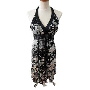 Vintage Y2K Sue Wong Silk & Burnt velvet silk halter handkerchief hem dress